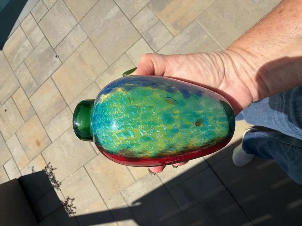 Franco Moretti Murano Art Glass Vase Green Red Blue with Gold Sparkles